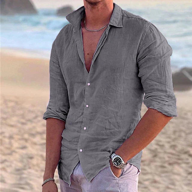 "Men's relaxed fit linen shirt, breathable and stylish, in blue, featuring lightweight, 100% linen fabric for versatile wear.