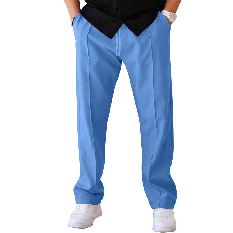 "Men's relaxed linen trousers, wide-leg, breathable, versatile colors like beige, black, blue; perfect comfort and style"