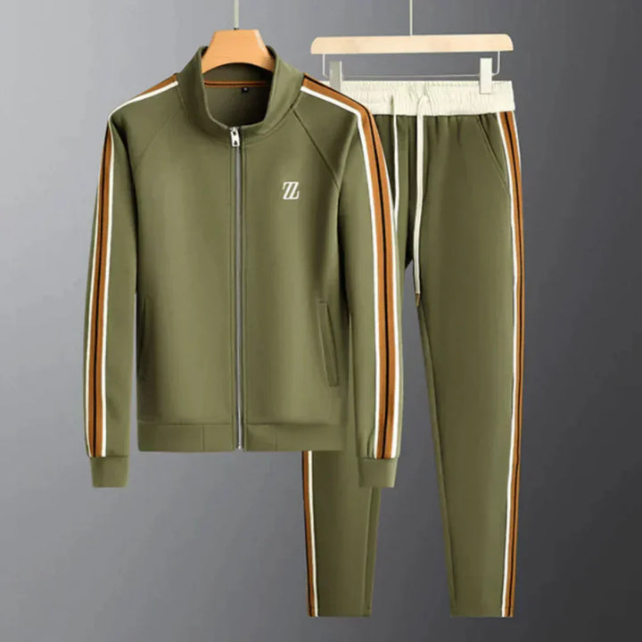 "Men's relaxed tracksuit set, cotton-polyester blend, gray hue, pullover top, elastic waist, perfect for lounging or activiti