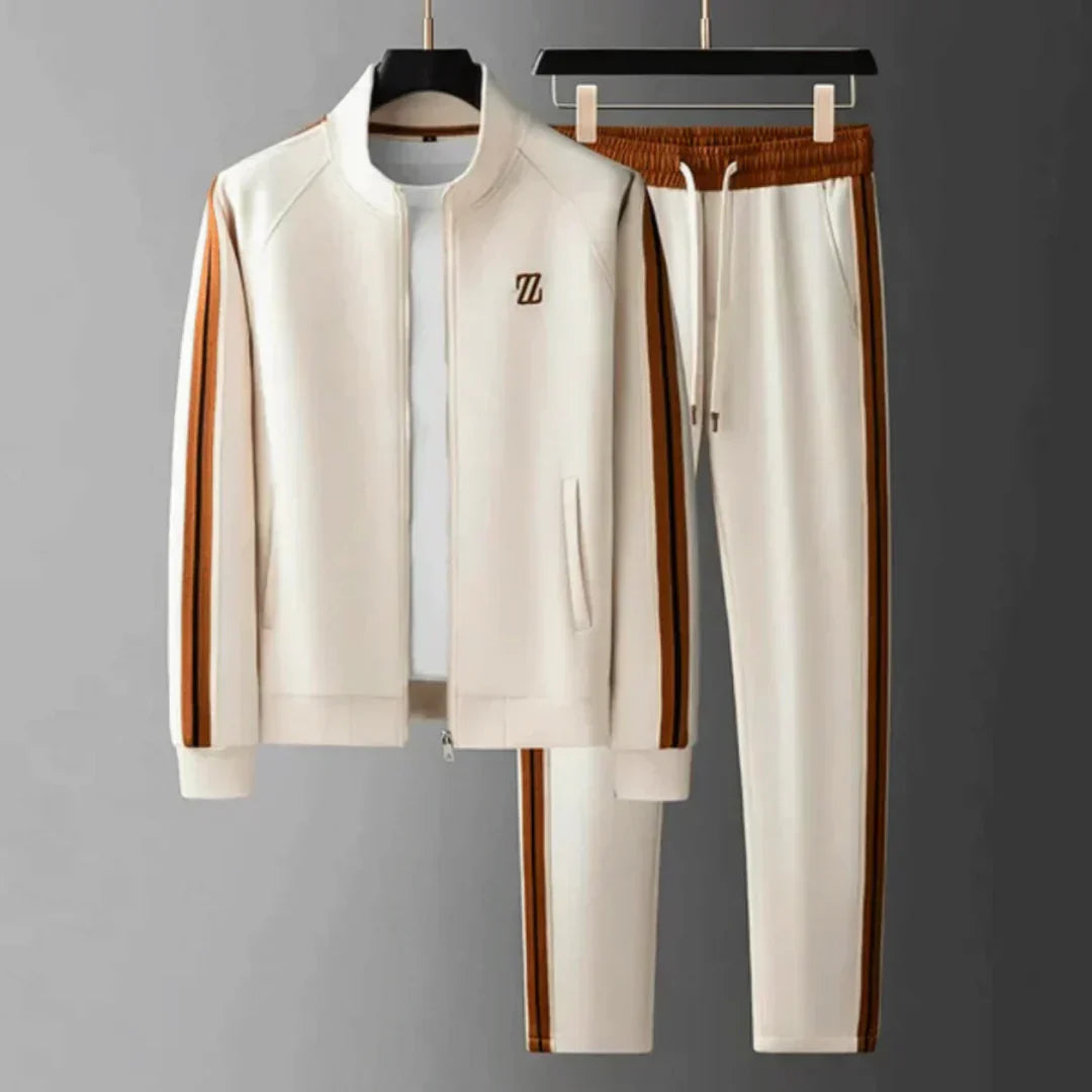 "Men's relaxed tracksuit set, cotton-polyester blend, gray hue, pullover top, elastic waist, perfect for lounging or activiti