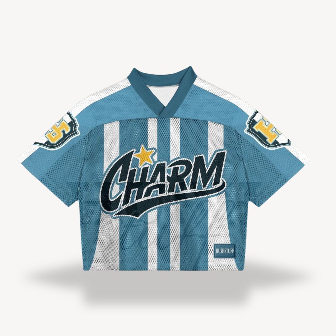 Men's retro mesh football jersey with v-neck, black body, blue shoulders, number "24", star, flame design, vintage style.