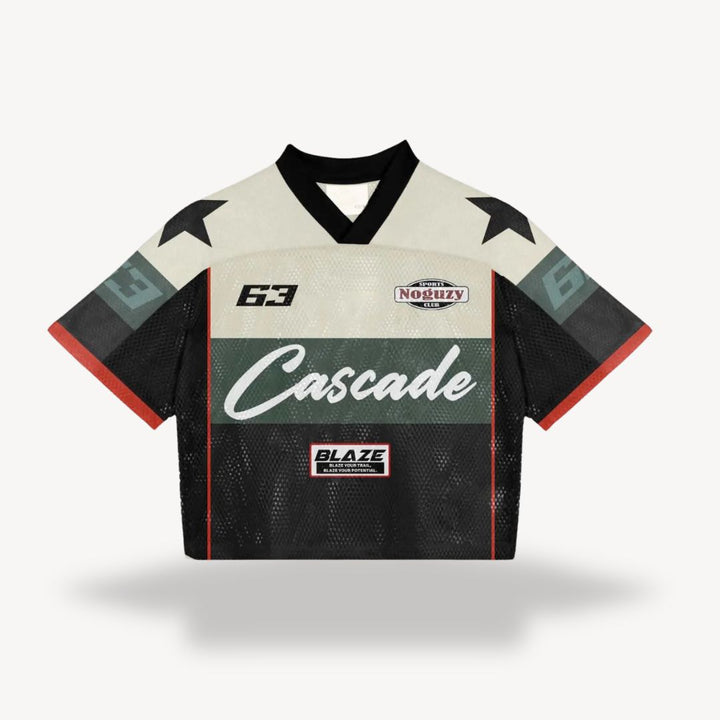 Men's retro mesh football jersey with v-neck, black body, blue shoulders, number "24", star, flame design, vintage style.