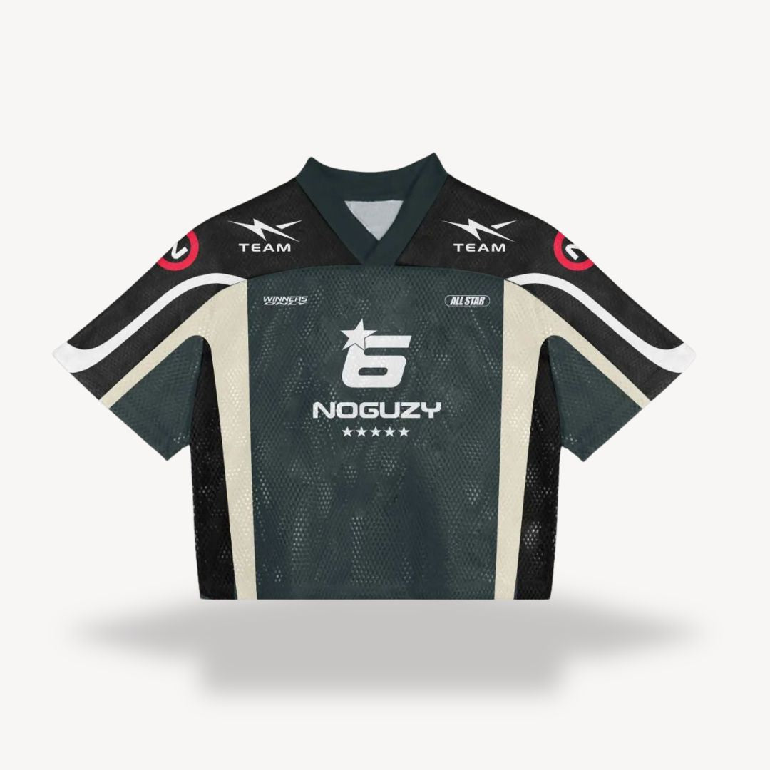 Men's retro mesh football jersey with v-neck, black body, blue shoulders, number "24", star, flame design, vintage style.