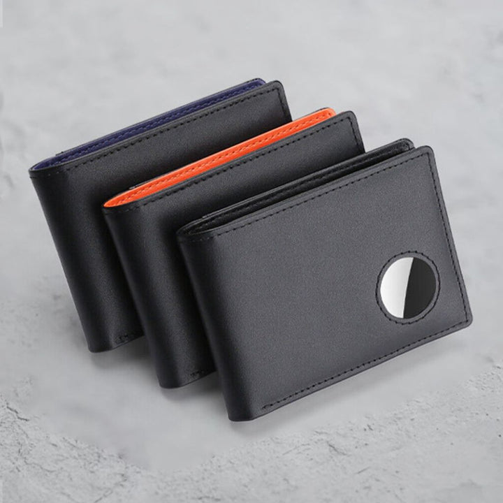Men's RFID-Blocking Leather Wallet with AirTag holder, featuring premium leather, sleek design, card slots, and cash compartm