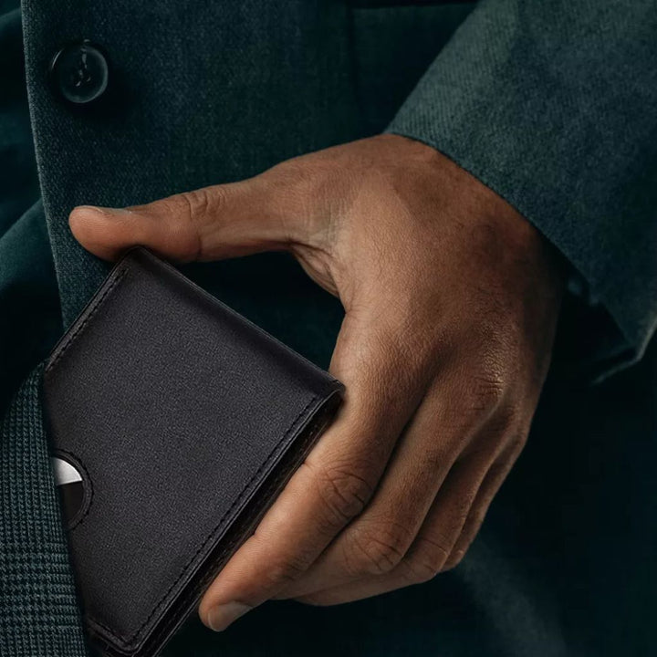 Men's RFID-Blocking Leather Wallet with AirTag holder, featuring premium leather, sleek design, card slots, and cash compartm