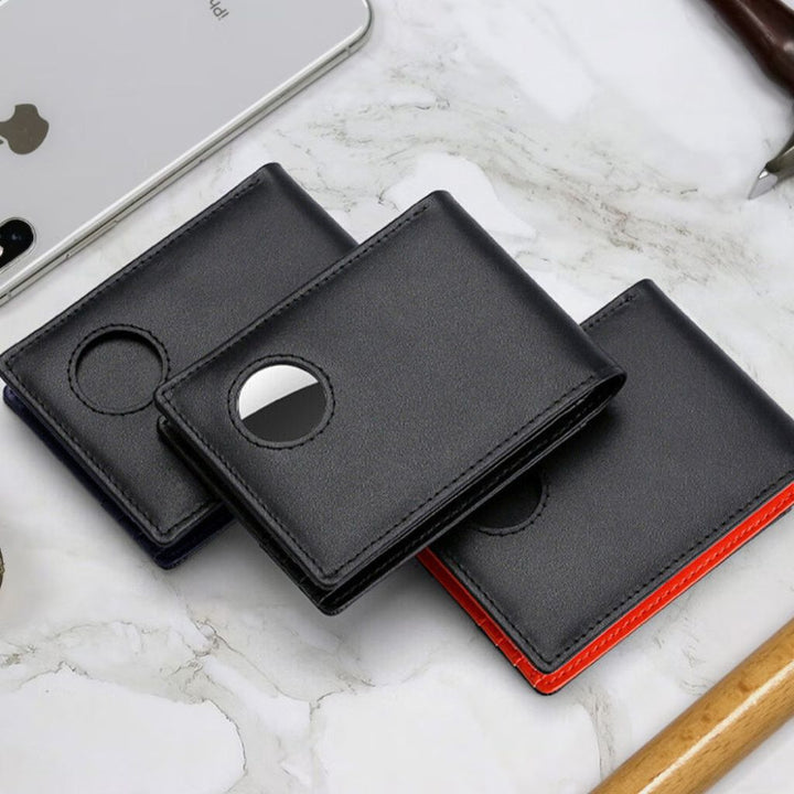 Men's RFID-Blocking Leather Wallet with AirTag holder, featuring premium leather, sleek design, card slots, and cash compartm