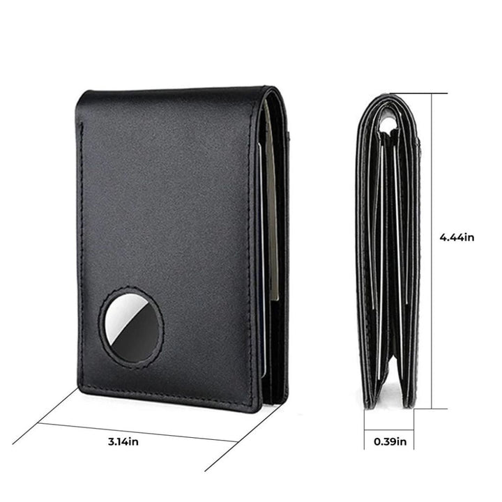 Men's RFID-Blocking Leather Wallet with AirTag holder, featuring premium leather, sleek design, card slots, and cash compartm