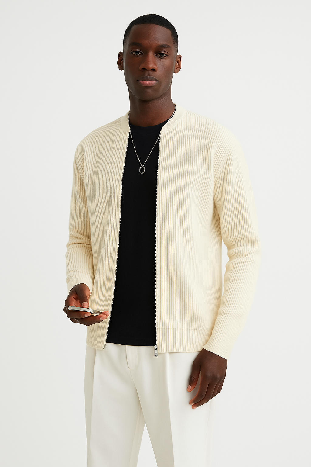 Men's ribbed knit cardigan with double zipper, relaxed fit, in beige. Ideal for casual or semi-formal occasions.