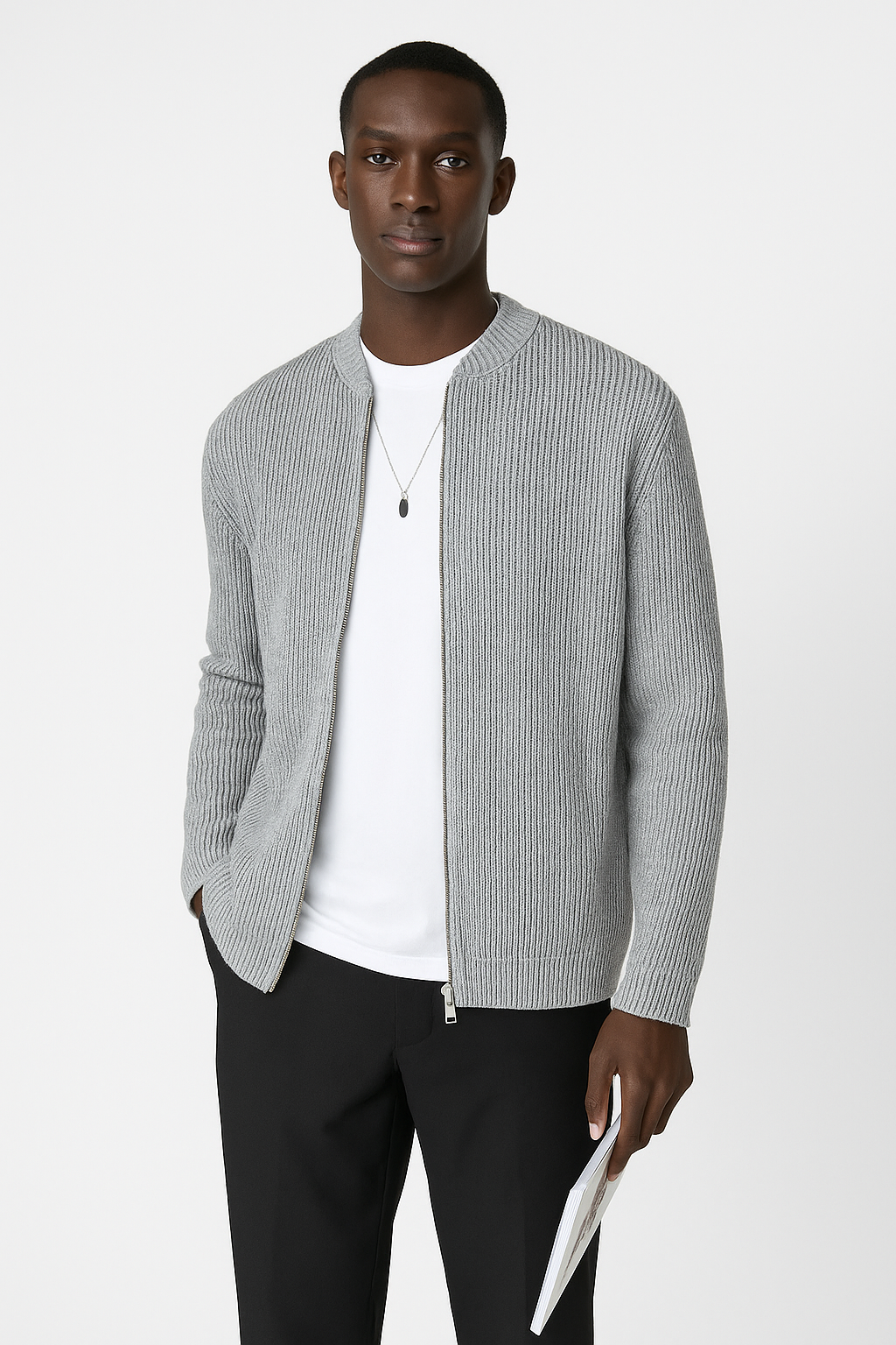 Men's ribbed knit cardigan with double zipper, relaxed fit, in beige. Ideal for casual or semi-formal occasions.