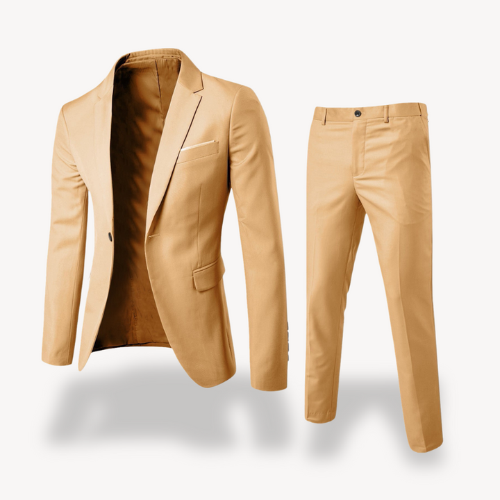 "Men's slim fit black two-piece suit, formal attire with jacket and trousers, sleek silhouette for weddings or meetings."