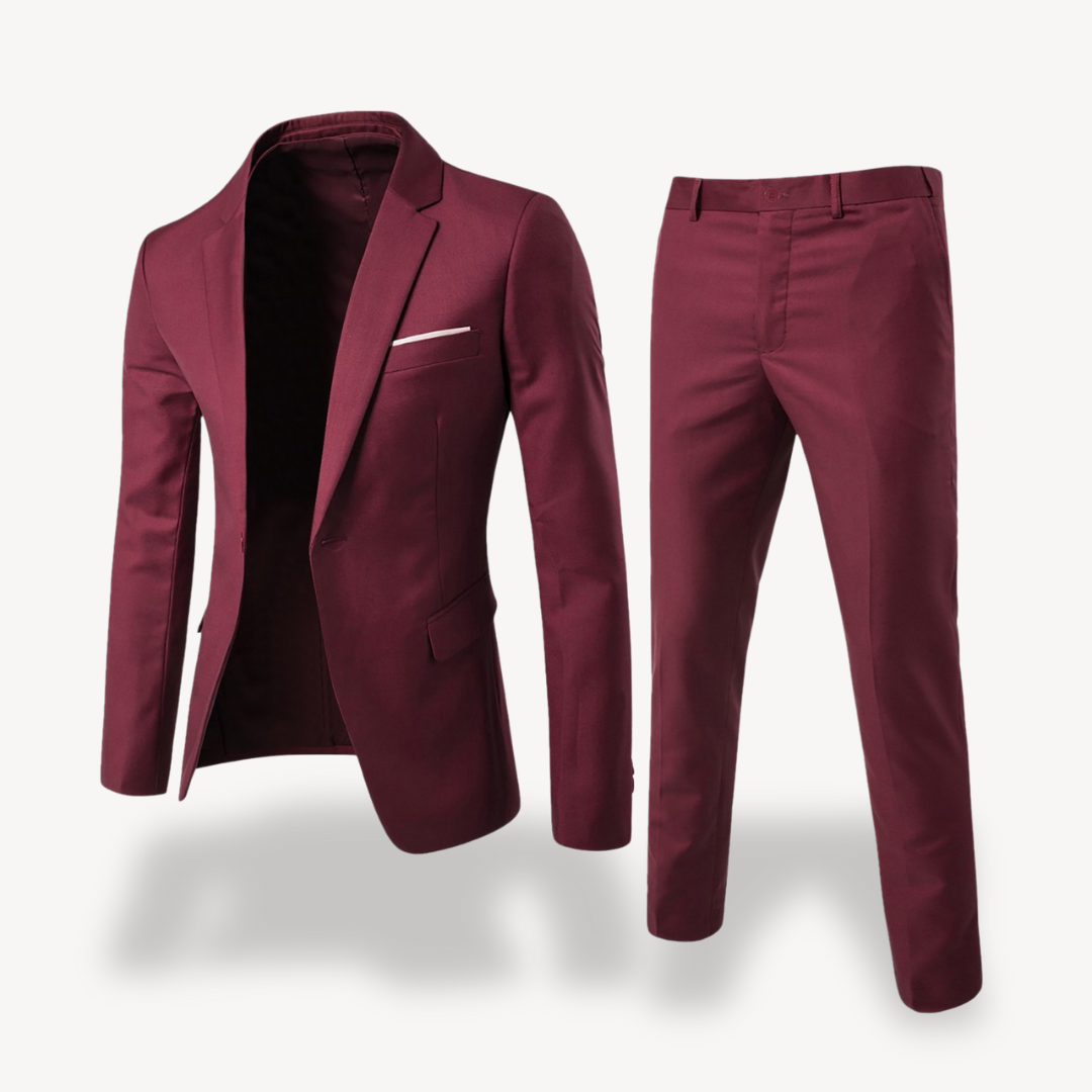"Men's slim fit black two-piece suit, formal attire with jacket and trousers, sleek silhouette for weddings or meetings."