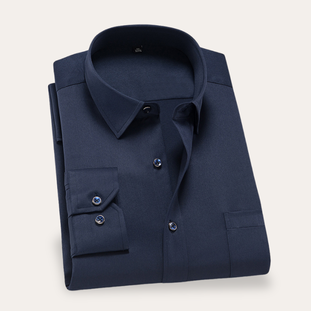"Men's slim fit business shirt; elegant cotton fabric, sleek silhouette; ideal for office wear and special occasions."