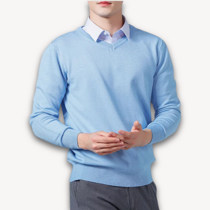 "Men's slim fit cashmere V-neck sweater in black, showcasing soft fabric and versatile design for casual or formal wear."