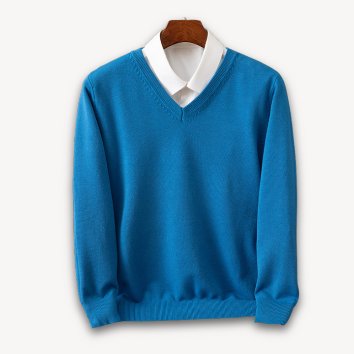 "Men's slim fit cashmere V-neck sweater in black, showcasing soft fabric and versatile design for casual or formal wear."