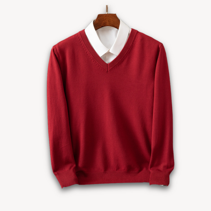 "Men's slim fit cashmere V-neck sweater in black, showcasing soft fabric and versatile design for casual or formal wear."