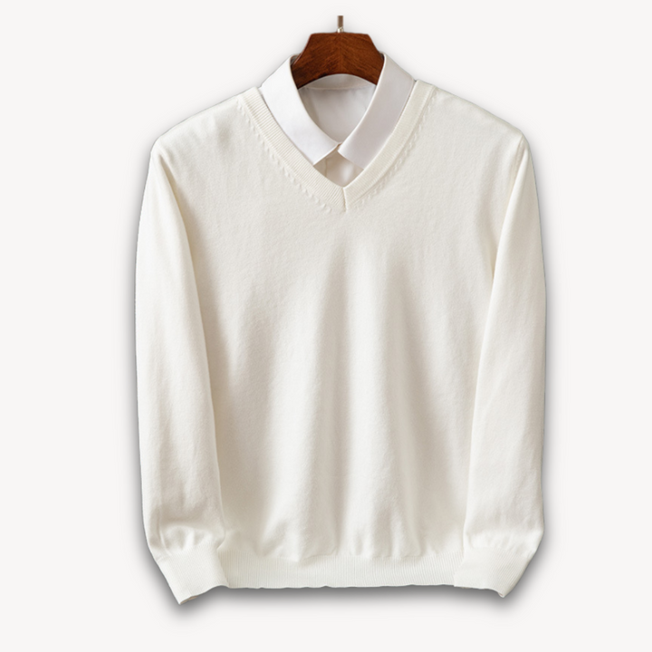 "Men's slim fit cashmere V-neck sweater in black, showcasing soft fabric and versatile design for casual or formal wear."