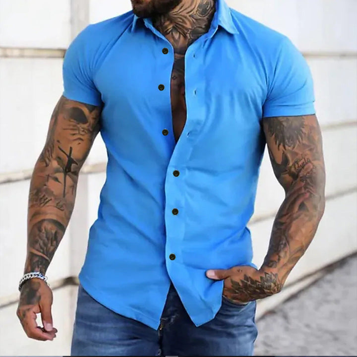 "Men's slim fit short sleeve shirt in a sleek design, front view showcasing tailored elegance and breathable fabric."