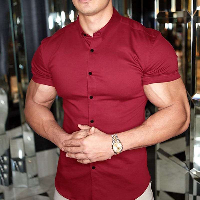 "Men's slim fit short sleeve shirt in a sleek design, front view showcasing tailored elegance and breathable fabric."