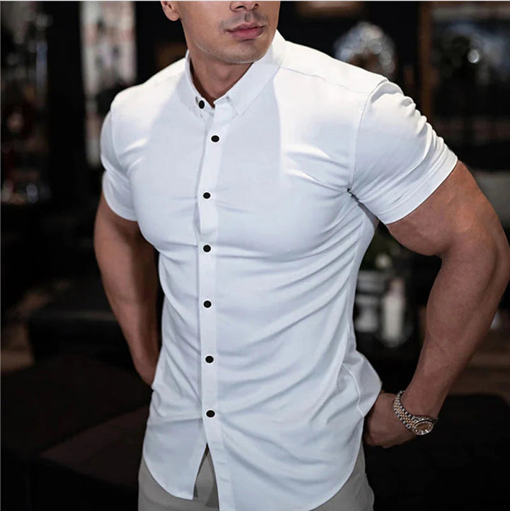 "Men's slim fit short sleeve shirt in a sleek design, front view showcasing tailored elegance and breathable fabric."