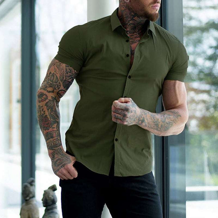 "Men's slim fit short sleeve shirt in a sleek design, front view showcasing tailored elegance and breathable fabric."