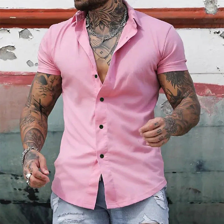 "Men's slim fit short sleeve shirt in a sleek design, front view showcasing tailored elegance and breathable fabric."