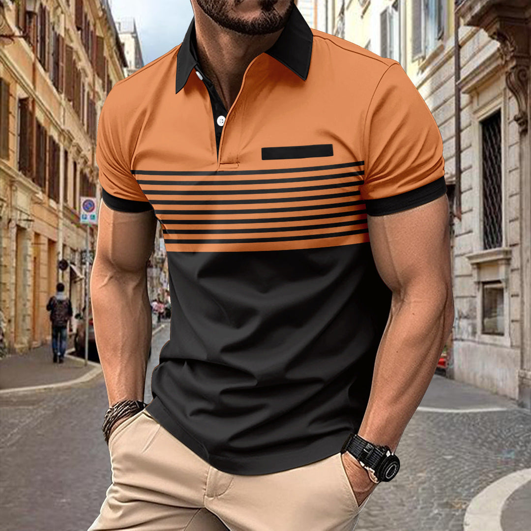 Men's slim fit striped polo shirt with short sleeves and contrasting collar, ideal for smart casual fashion.