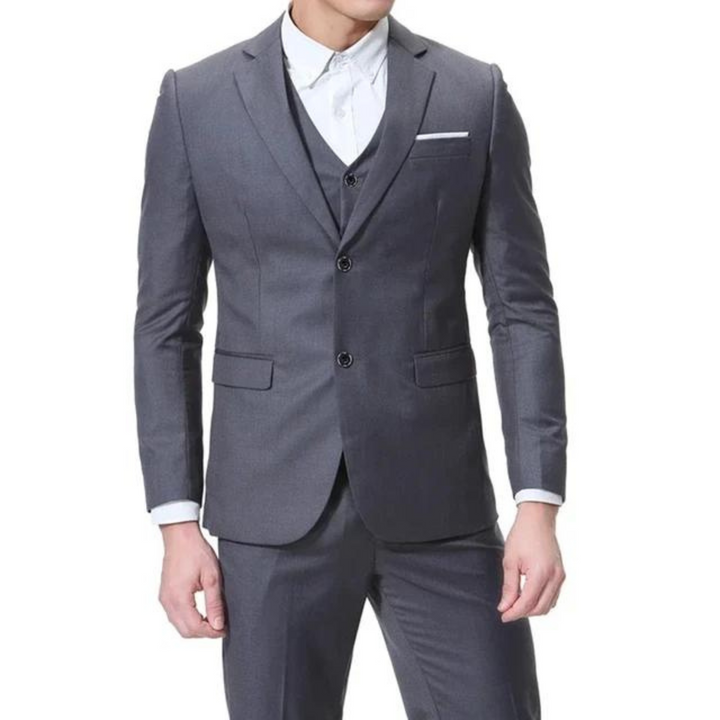 "Men's slim fit three-piece suit with notch lapel, single-breasted design, showcasing elegant formal wear in versatile colors