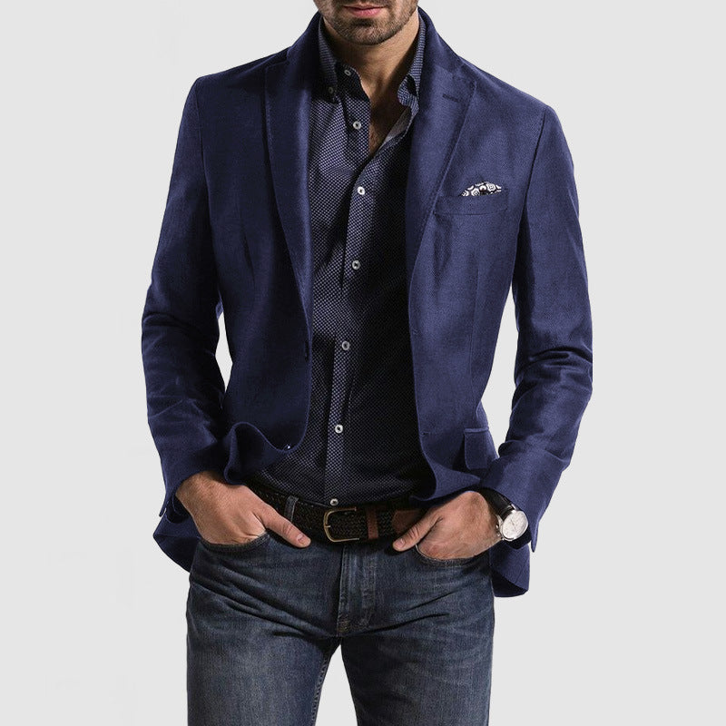 "Men's slim fit wool blend suit jacket with notch lapel; elegant navy blue blazer for formal events; tailored style."