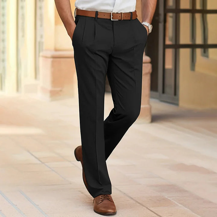 "Men's smart casual cotton trousers, relaxed fit with pockets, high-quality fabric, versatile style for any occasion."