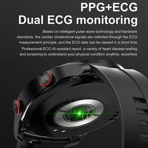 Men's smartwatch with sleek design, heart rate, and glucose monitoring features, ideal for fitness and style-conscious men.