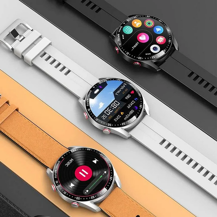 Men's smartwatch with sleek design, heart rate, and glucose monitoring features, ideal for fitness and style-conscious men.