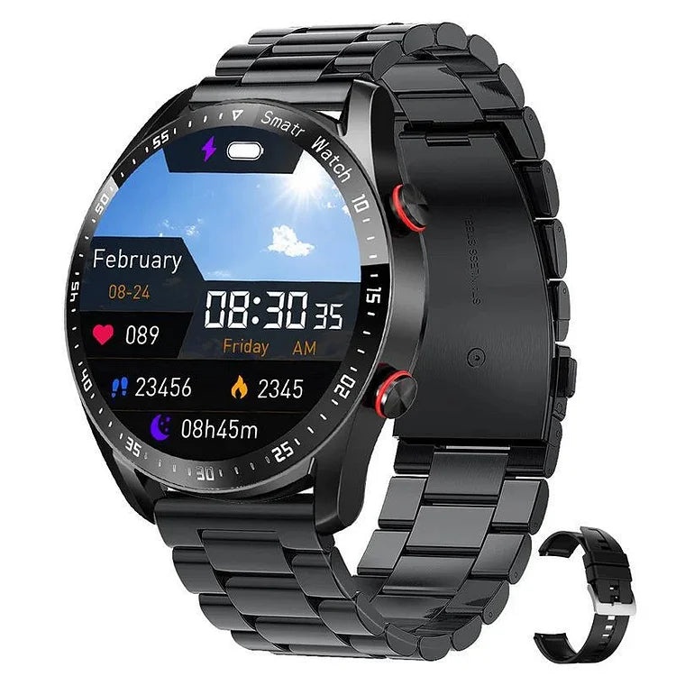 Men's smartwatch with sleek design, heart rate, and glucose monitoring features, ideal for fitness and style-conscious men.