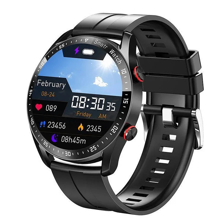 Men's smartwatch with sleek design, heart rate, and glucose monitoring features, ideal for fitness and style-conscious men.