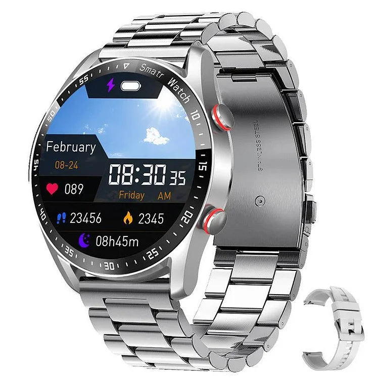 Men's smartwatch with sleek design, heart rate, and glucose monitoring features, ideal for fitness and style-conscious men.