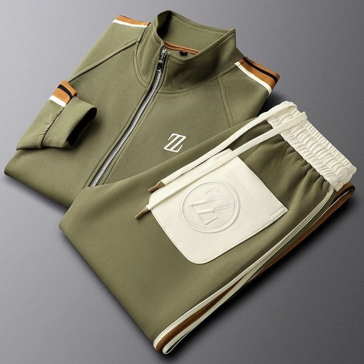 "Men's sporty tracksuit set lycra fabric, sleek lines, stripe accents, tailored fit, showcasing athletic physique."