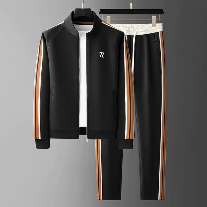 "Men's sporty tracksuit set lycra fabric, sleek lines, stripe accents, tailored fit, showcasing athletic physique."