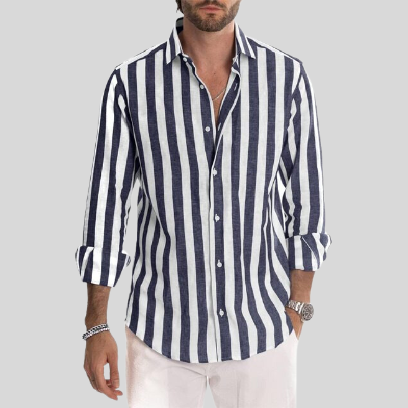 "Men's striped linen shirt with vertical stripes, lightweight fabric for casual outings, stylish and comfortable fit."