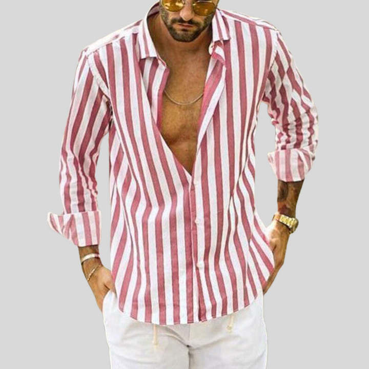 "Men's striped linen shirt with vertical stripes, lightweight fabric for casual outings, stylish and comfortable fit."
