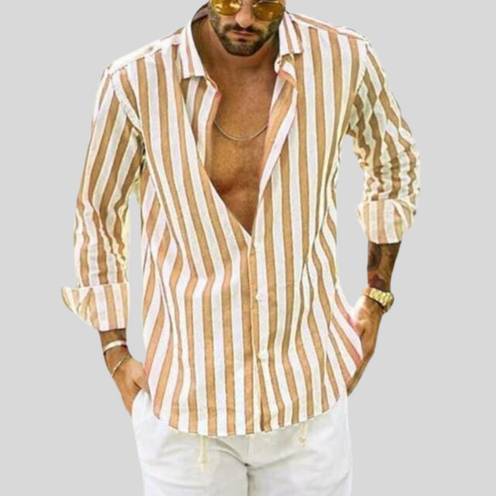 "Men's striped linen shirt with vertical stripes, lightweight fabric for casual outings, stylish and comfortable fit."
