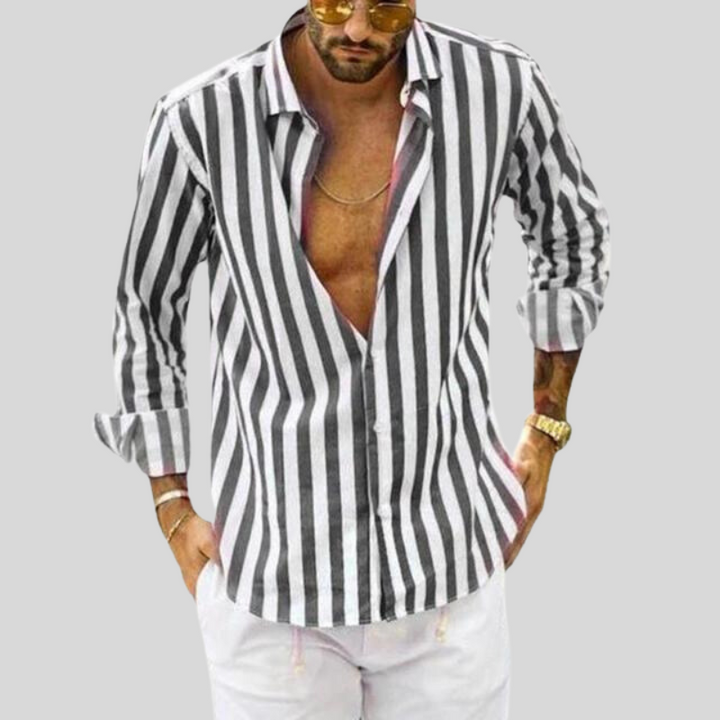 "Men's striped linen shirt with vertical stripes, lightweight fabric for casual outings, stylish and comfortable fit."