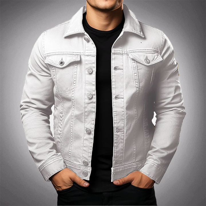 Men's structured denim jacket with button front, collared design, and chest pockets in durable fabric for classic casual styl