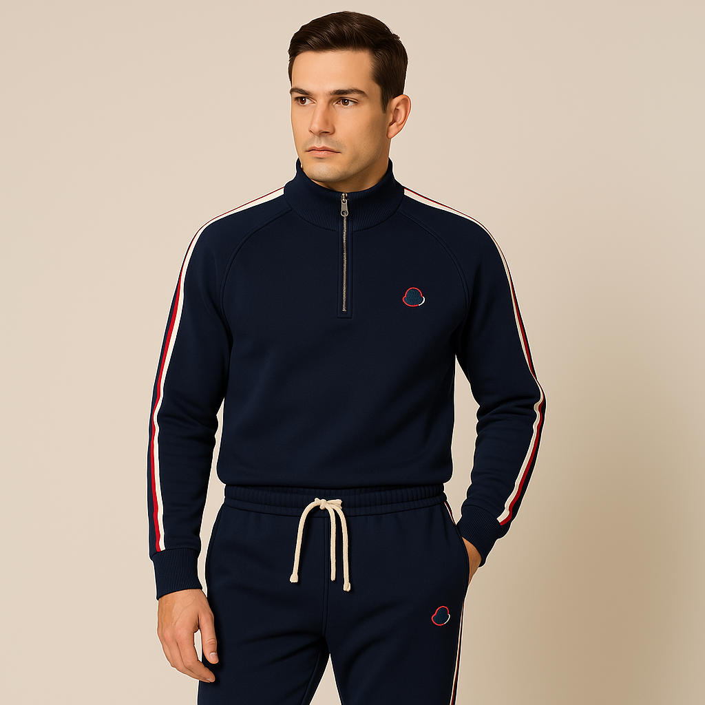 Men's stylish cotton tracksuit set with zip-up hoodie and joggers in neutral colors; perfect for casual wear and lounging.