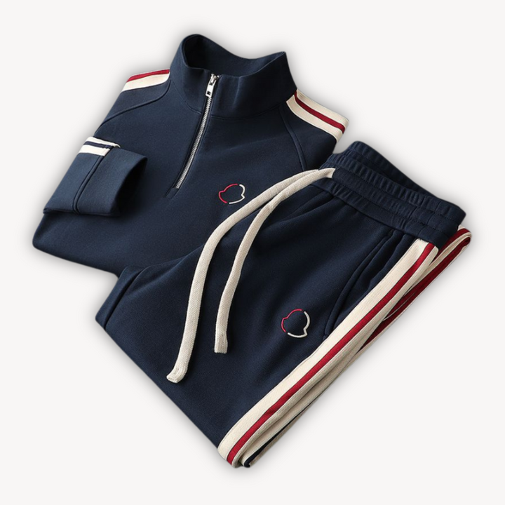 Men's stylish cotton tracksuit set with zip-up hoodie and joggers in neutral colors; perfect for casual wear and lounging.