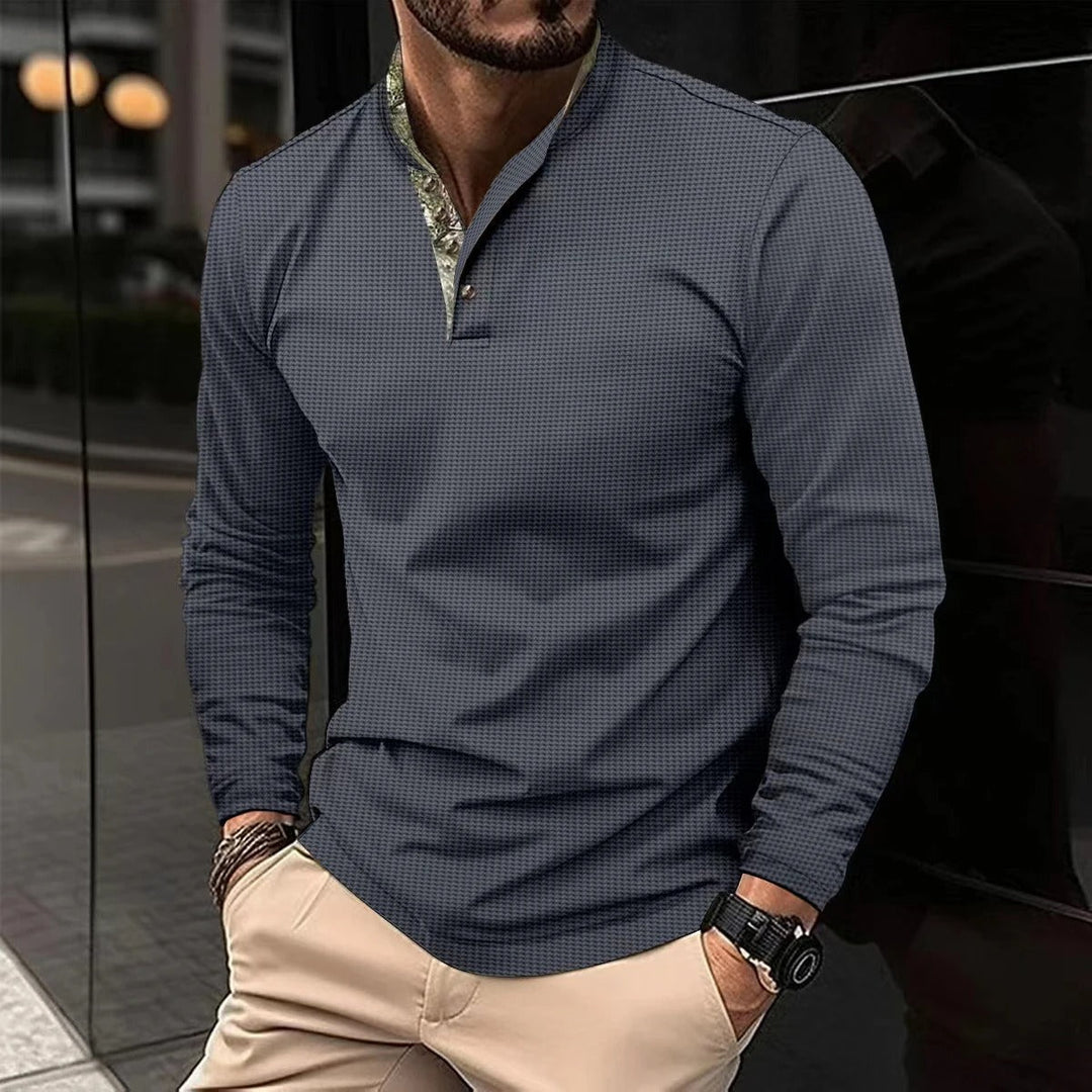 "Men's stylish long-sleeve polo shirt in army green, featuring a sleek design, perfect for various occasions."