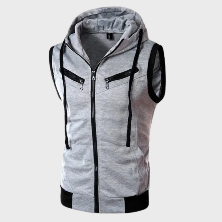 "Men's stylish sleeveless hooded vest, modern fit, dark gray, sporty look, perfect for layering and versatile outfits."