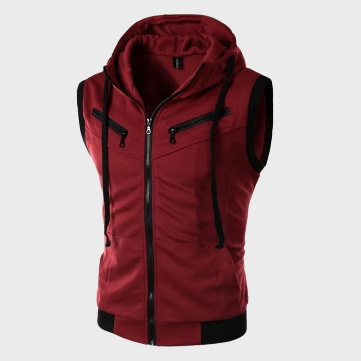 "Men's stylish sleeveless hooded vest, modern fit, dark gray, sporty look, perfect for layering and versatile outfits."