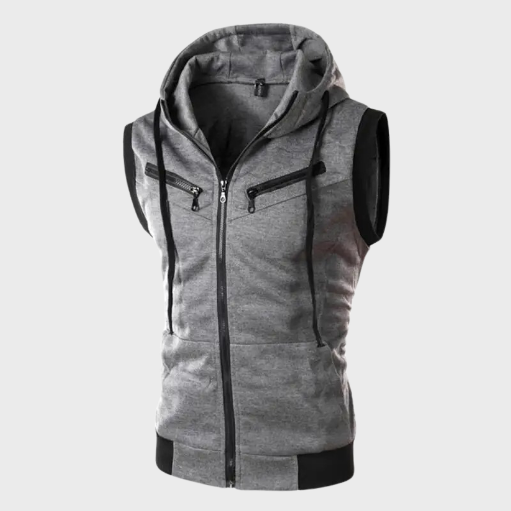 "Men's stylish sleeveless hooded vest, modern fit, dark gray, sporty look, perfect for layering and versatile outfits."