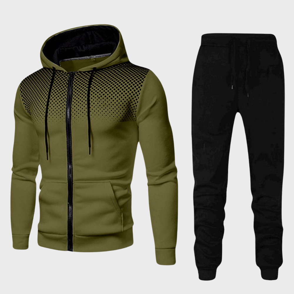 Men's stylish tracksuit with zip-up hoodie and sleek tapered trousers, perfect for casual outings or lounging in comfort.
