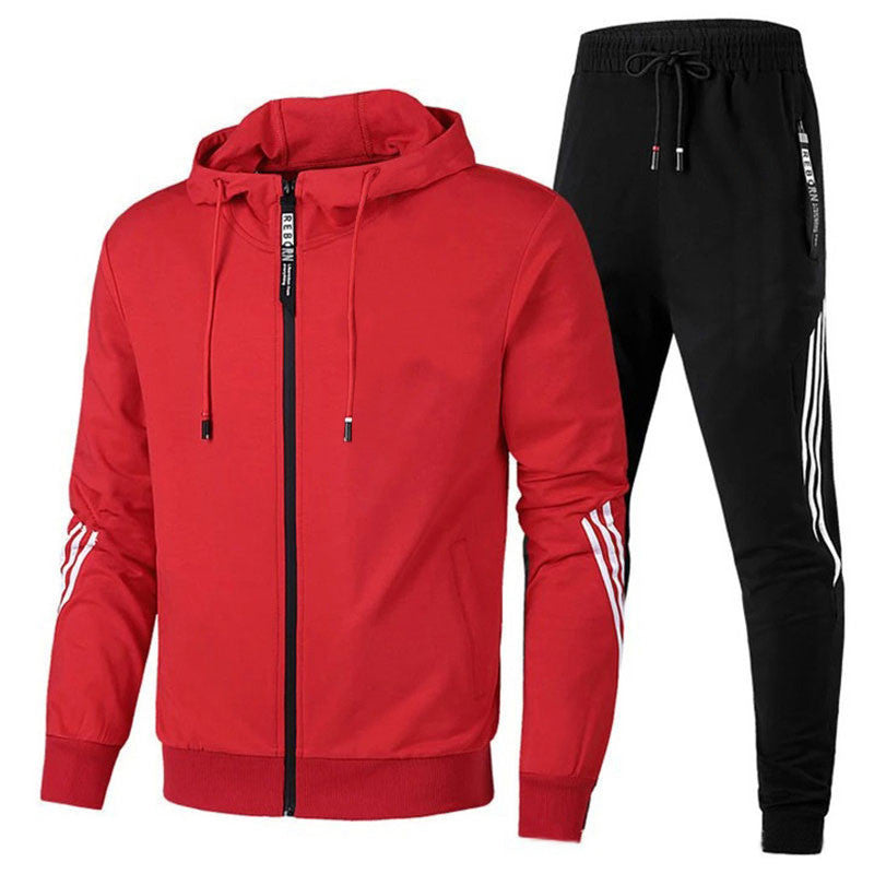 "Men's stylish two-piece tracksuit in black, side view, relaxed fit, versatile design, ideal for casual or active wear."