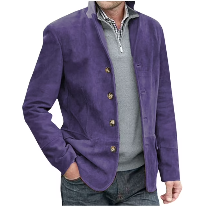 "Men's suede blazer jacket in blue and brown, elegant with button-front, perfect for casual and formal wear."